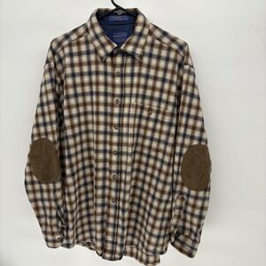 Vintage Pendleton Brown Plaid Wool Button Shirt Elbow Pads Pocket Retro Men L‎